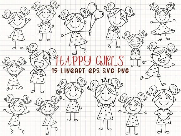 Download Happy Girls Line Art Stick Figure Girl - App Collection